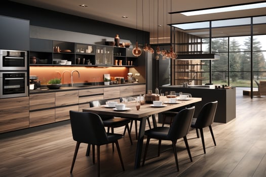 modern kitchen decorated wood and black theme AI Generated photo