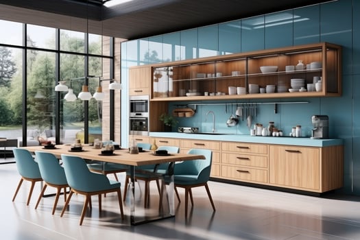 modern kitchen decorated wood and blue theme AI Generated photo