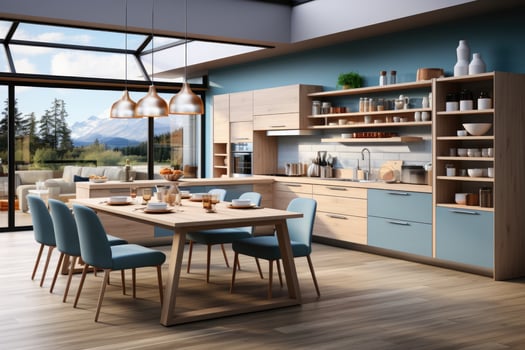 modern kitchen decorated wood and blue theme AI Generated photo