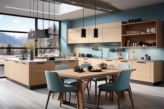 modern kitchen decorated wood and blue theme AI Generated photo