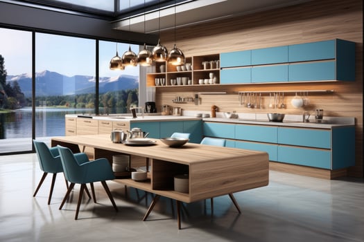 modern kitchen decorated wood and blue theme AI Generated photo