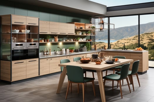 modern kitchen decorated wood and green theme AI Generated photo