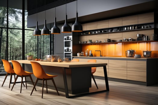 modern kitchen decorated wood and orange theme AI Generated photo