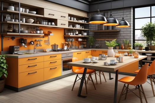 modern kitchen decorated wood and orange theme AI Generated photo