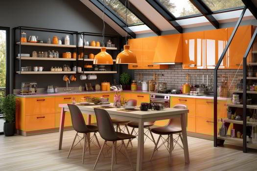 modern kitchen decorated wood and orange theme AI Generated photo