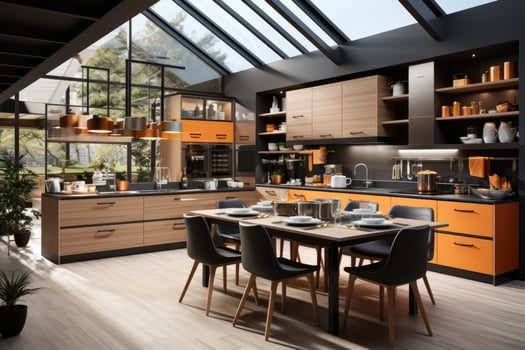 modern kitchen decorated wood and orange theme AI Generated photo