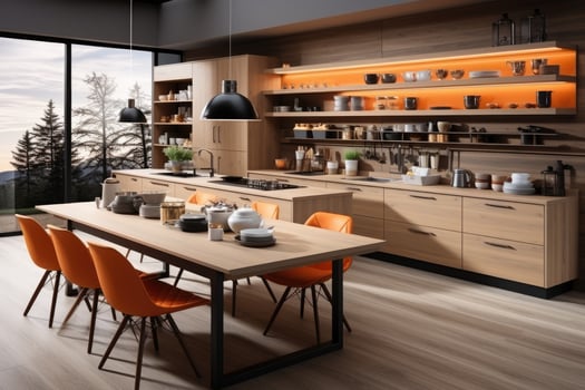 modern kitchen decorated wood and orange theme AI Generated photo