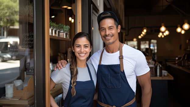 a man and a woman stand in aprons in front of a door photo