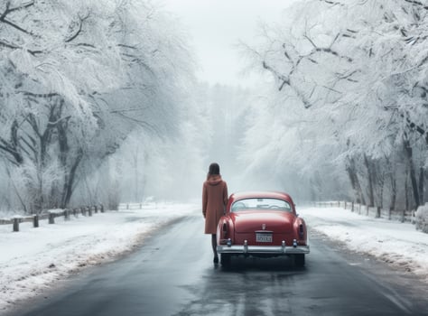 young woman with luggage in car facing winter road photo