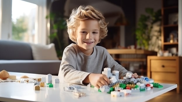 father and son are playing with bricks and blocks photo