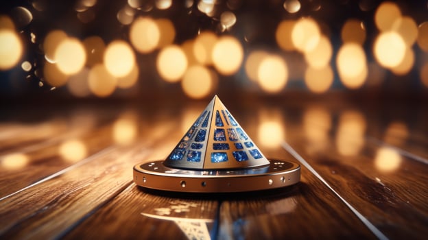 Dreidel spinning on wood floor with blurred lights photo