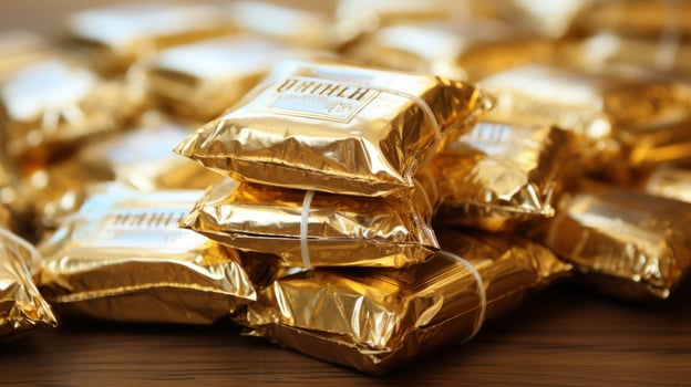 Hanukkah gelt in shiny gold foil wrappers photo