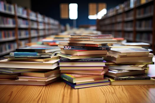 pile of book on the top table in library professional advertising photography AI Generative photo