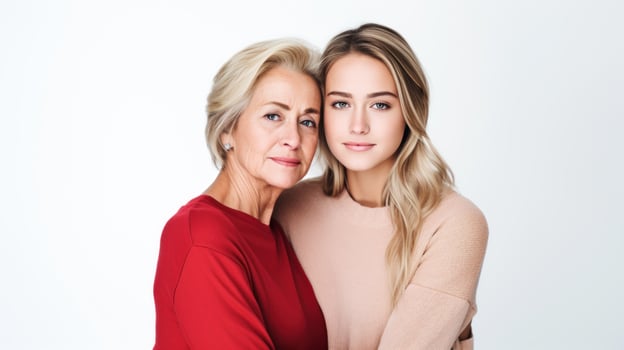 Young girl and her middle-aged mother hug and smile. Generative AI photo