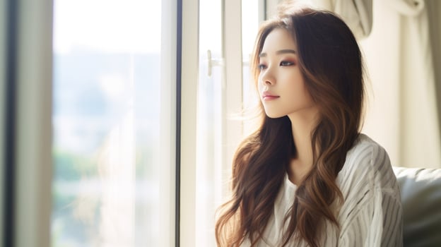 Young Asian woman looks out the window in a cafe. Generative AI photo