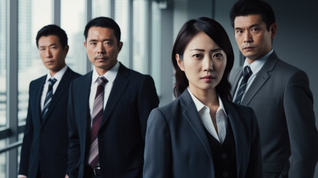 Asian business people posing seriously. Generative AI photo