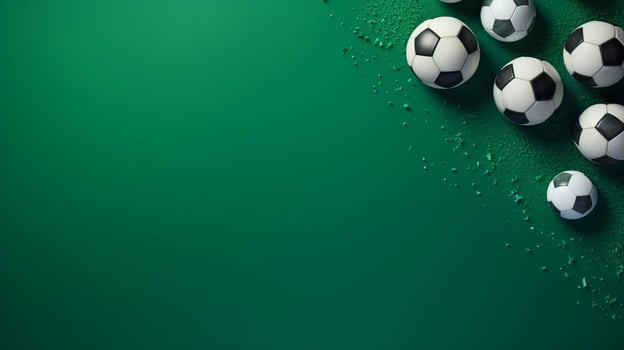 space for text on green textured background surrounded by soccer balls from top view, background image, AI generated photo