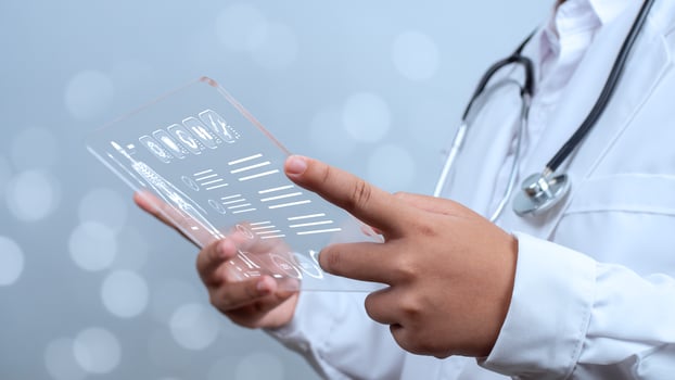 Doctor is using show screen for medical diagnostic analysis on modern virtual screen network connection. Medical technology concept. photo