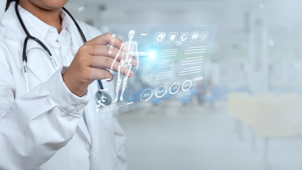 Doctor is using electronic pen touching screen for medical diagnostic analysis on modern virtual screen network connection. Medical technology concept. photo