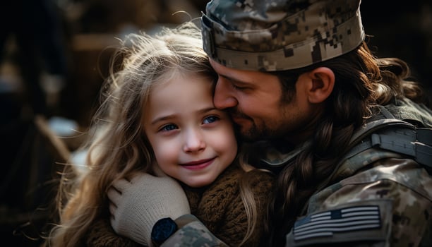 The affectionate reunion of a military father with his young daughter filled their family with joy as they came together, the bond between parent and child stronger than ever. Generative Ai photo