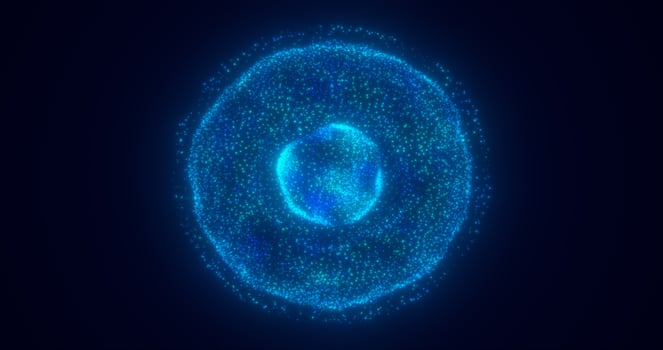Blue energy glowing sphere futuristic atom from electric magic particles and energy waves background photo