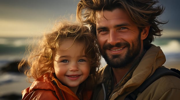 Father and little daughter hug and smile at the camera. Good father concept photo