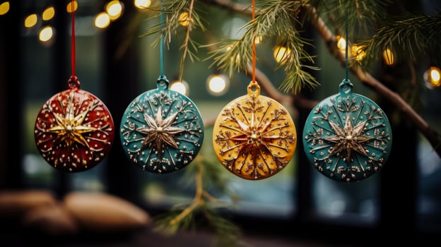 Handmade Christmas ornaments from recycled materials in festive setting photo