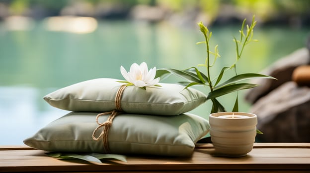 Meditation cushion set in serene home space background with empty space for text photo