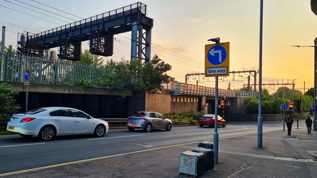 Low Angle View of British Town and Road during Sunset on May, 19th, 2023. Luton, England, UK photo