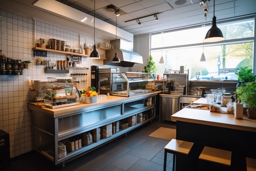 Inside clean kitchen of a modern restaurant or mini cafe with cooking utensils and small bar counter concept by AI Generated photo