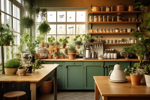 Inside clean kitchen of a modern restaurant or mini cafe with cooking utensils and small bar counter concept by AI Generated photo