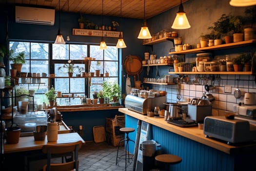 Inside clean kitchen of a modern restaurant or mini cafe with cooking utensils and small bar counter concept by AI Generated photo