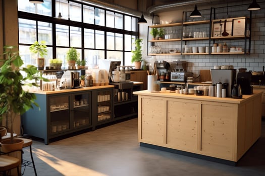 Inside clean kitchen of a modern restaurant or mini cafe with cooking utensils and small bar counter concept by AI Generated photo