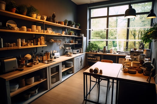 Inside clean kitchen of a modern restaurant or mini cafe with cooking utensils and small bar counter concept by AI Generated photo