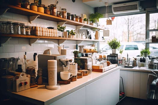 Inside clean kitchen of a modern restaurant or mini cafe with cooking utensils and small bar counter concept by AI Generated photo