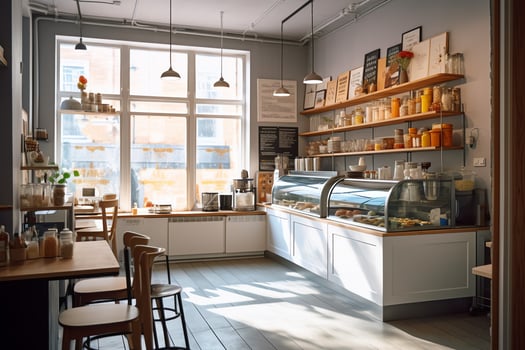Inside clean kitchen of a modern restaurant or mini cafe with cooking utensils and small bar counter concept by AI Generated photo