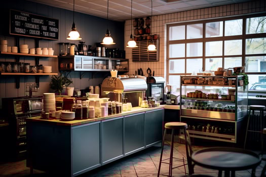 Inside clean kitchen of a modern restaurant or mini cafe with cooking utensils and small bar counter concept by AI Generated photo