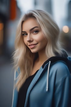Beautiful blond young woman wearing sweater hoodie stay and posing on city street. Focus with bokeh. Generative AI photo