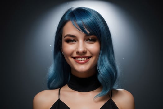 AI Generated Portrait beautiful green hair and eyes model woman with white teeth smile, healthy long hair and beauty skin on backlight background. Concept of advertising dentist and facial care photo