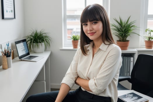 AI Generated Smiling young woman sitting in the office. Generative AI photo