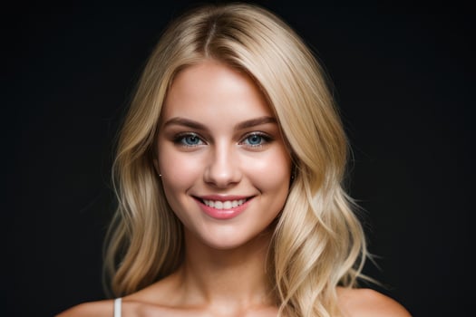 AI Generated Portrait beautiful blonde model woman with white teeth smile, healthy long hair and beauty skin on black background. Concept of advertising dentist and facial care. Generative AI photo