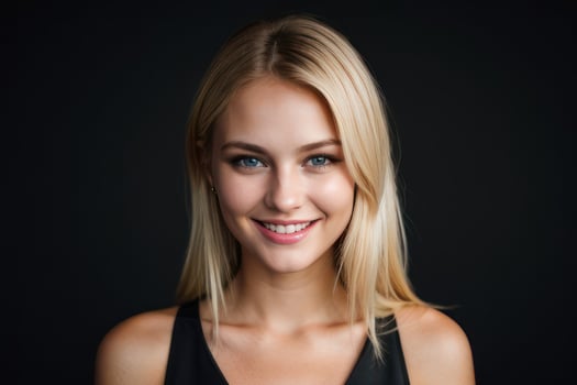 AI Generated Portrait beautiful blonde model woman with white teeth smile, healthy long hair and beauty skin on black background. Concept of advertising dentist and facial care. Generative AI photo