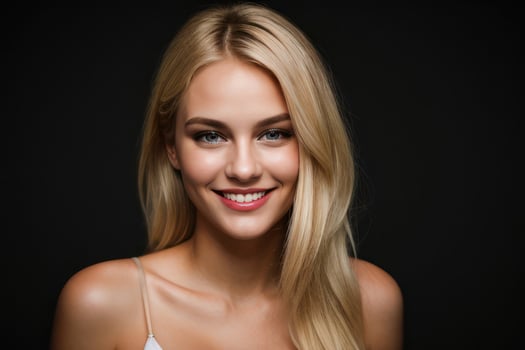 AI Generated Portrait beautiful blonde model woman with white teeth smile, healthy long hair and beauty skin on black background. Concept of advertising dentist and facial care. Generative AI photo