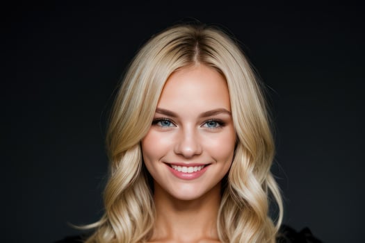 AI Generated Portrait beautiful blonde model woman with white teeth smile, healthy long hair and beauty skin on black background. Concept of advertising dentist and facial care. Generative AI photo