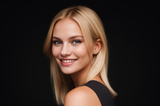 AI Generated Portrait beautiful blonde model woman with white teeth smile, healthy long hair and beauty skin on black background. Concept of advertising dentist and facial care. Generative AI photo
