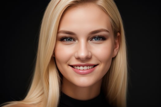 AI Generated Portrait beautiful blonde model woman with white teeth smile, healthy long hair and beauty skin on black background. Concept of advertising dentist and facial care. Generative AI photo