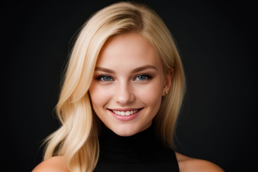 AI Generated Portrait beautiful blonde model woman with white teeth smile, healthy long hair and beauty skin on black background. Concept of advertising dentist and facial care. Generative AI photo
