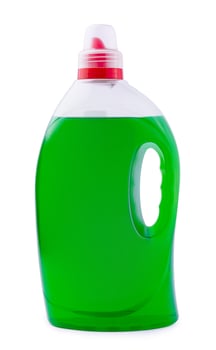 Green liquid soap or detergent in a plastic bottle photo