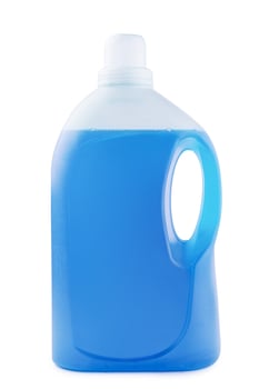 Plastic clean bottle full with blue detergent photo