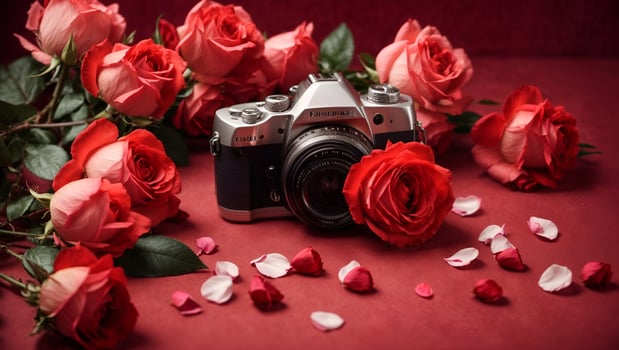 spring concept with roses on red card. Ai Generated photo